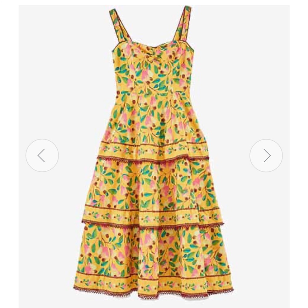 FARM Rio Yellow Floral Tiered Sundress with Pink & Green Accents